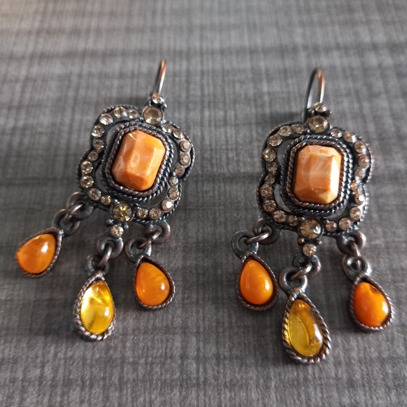 Vintage Orange Stone Brown Cubic Zirconia Dangle Earrings with Clasp Backing - Picture 10 of 12